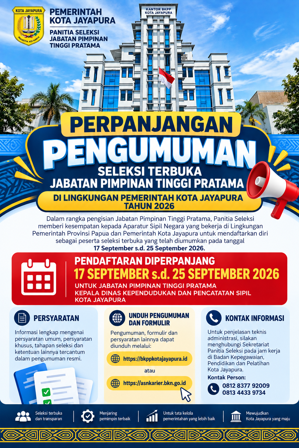 Perpanjangan Masa Pendaftaran Seleksi Terbuka Jabatan Pimpinan Tinggi Pratama di Lingkungan Pemerintah Kota Jayapura Tahun 2026